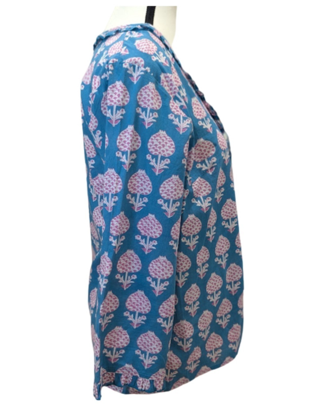 Pomegranate Block Print Boho Cottagecore Cotton Blouse Turquoise Pink Artisan To - Picture 2 of 13